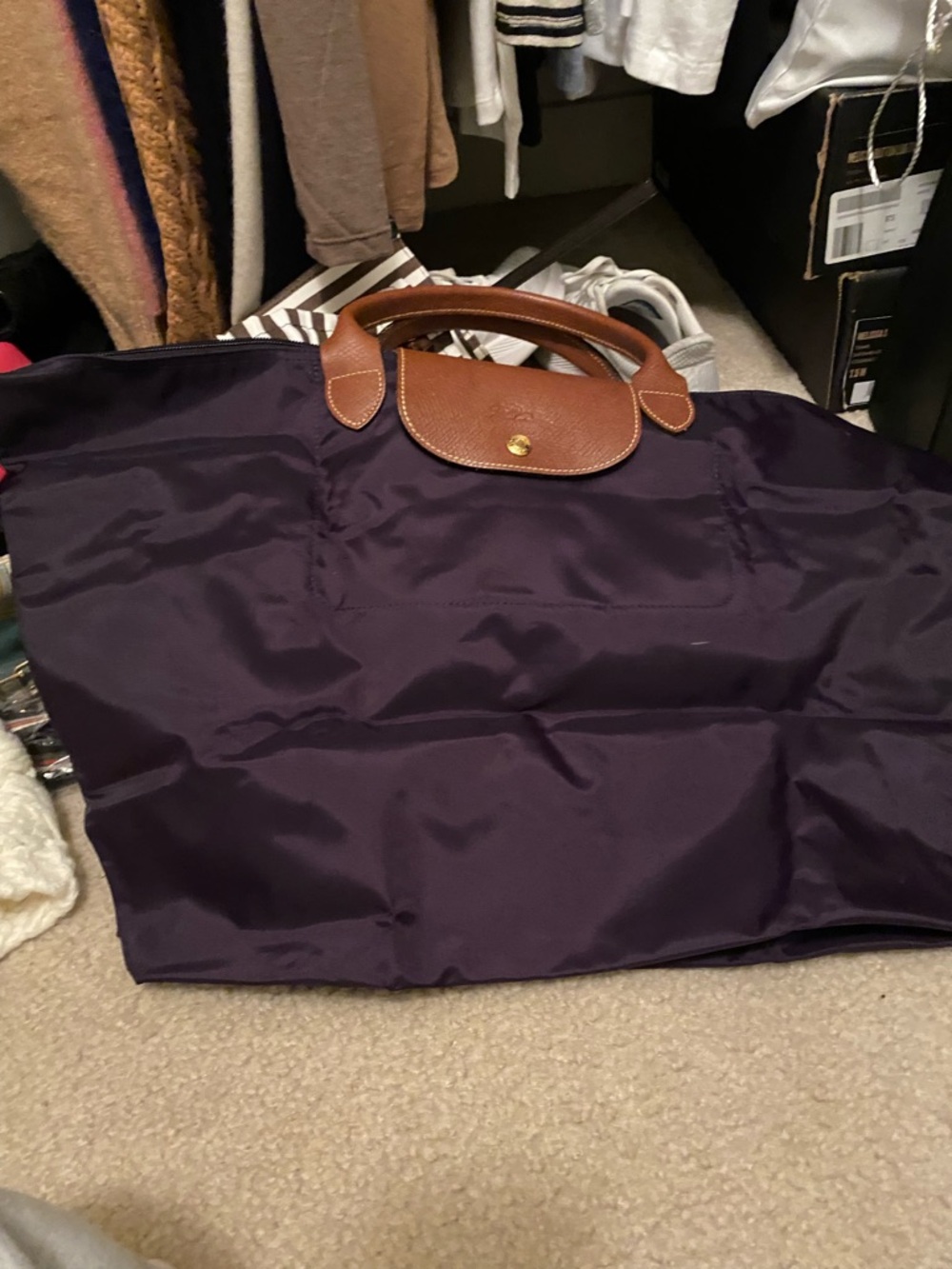 Longchamp LE PLIAGE Plum Nylon Tote with Brown Leather Trim